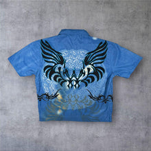 Load image into Gallery viewer, Vintage Woodpecker Goth Y2K Tribal Patterned Blue Short Sleeve Shirt
