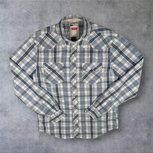 Load image into Gallery viewer, Levis Mens Western Shirt M Grey Plaid Check Pearl Snap Cowboy Modern Fit
