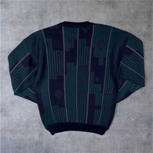 Load image into Gallery viewer, Vintage Pierre Sangan Abstract Grandad Pattern Blue Acrylic Wool V-Neck Jumper
