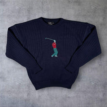 Load image into Gallery viewer, Tootal Golf Jumper Large Navy Embroidered Golfer Cable Knit Sweater Acrylic Wool
