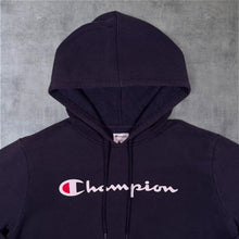 Load image into Gallery viewer, Champion Classic Logo Spellout Graphic Faded Navy Blue Hoodie
