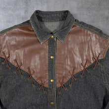 Load image into Gallery viewer, Vintage Cowboy Western Faux Leather Lace Panel Black Denim Long Sleeve Shirt
