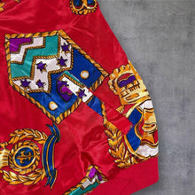 Load image into Gallery viewer, Vintage 90s Red Satin Style Bomber Jacket Baroque Heraldic Crest Print M L
