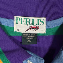 Load image into Gallery viewer, Vintage Perlis Mardi Gras Polo Shirt XL USA Purple Green Yellow Striped Crawfish
