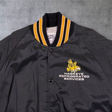 Load image into Gallery viewer, Vintage DeLong "Hawkeye Refrigerator Services" USA Black Nylon Varsity Bomber Jacket
