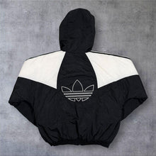 Load image into Gallery viewer, Vintage 90s Adidas Puffer Jacket Mens M Black White Trefoil Hooded Spellout
