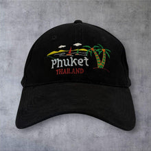 Load image into Gallery viewer, Phuket Thailand Tropical Embroidered Baseball Cap Black Palm Tree Souvenir Hat
