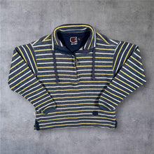 Load image into Gallery viewer, Vintage DEAL 1/4 Zip Pullover L Navy Yellow Striped Y2K Textured Sweatshirt
