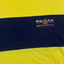 Load image into Gallery viewer, Vintage Poco Loco Embroidered Logo Navy Blue Yellow Colour Block Striped T-Shirt
