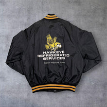 Load image into Gallery viewer, Vintage DeLong "Hawkeye Refrigerator Services" USA Black Nylon Varsity Bomber Jacket
