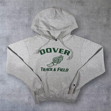 Load image into Gallery viewer, Champion Eco "Dover Track &amp; Field" College Spellout Graphic Grey Hoodie
