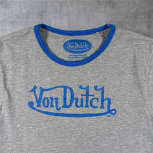 Load image into Gallery viewer, Von Dutch Classic Logo Spellout Graphic Y2K Biker Grey Blue Ringer T-Shirt
