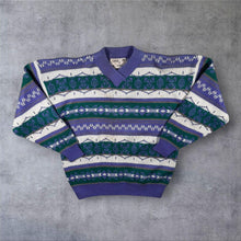 Load image into Gallery viewer, Vintage One By One Jumper Geometric Nordic Knit Purple Green V Neck Womens XL
