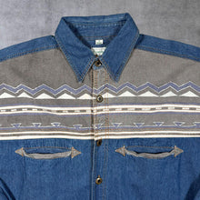 Load image into Gallery viewer, Vintage Canda C&amp;A Cowboy Western Aztec Panel Blue Denim Long Sleeve Shirt
