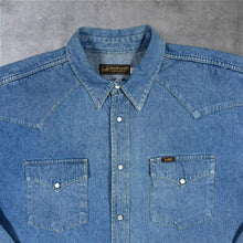 Load image into Gallery viewer, Vintage Lee Western Clothes Denim Shirt XL Pearl Snap Cowboy Western Blue
