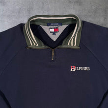 Load image into Gallery viewer, Vintage 90s Tommy Hilfiger Quarter Zip Sweatshirt XL Navy Green Striped Collar
