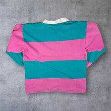 Load image into Gallery viewer, Vintage Cotton Traders Mini Logo Turquoise Pink Colour Block Long Sleeve Polo Shirt
