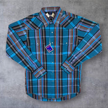 Load image into Gallery viewer, Wrangler Cowboy Cut Western Shirt 15.5 34 Blue Turquoise Plaid Check Medium
