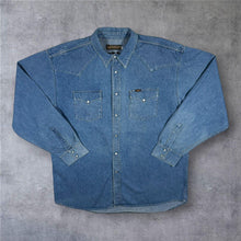 Load image into Gallery viewer, Vintage Lee Western Clothes Denim Shirt XL Pearl Snap Cowboy Western Blue
