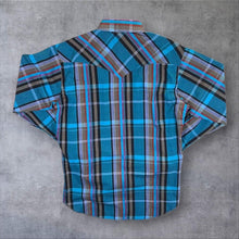 Load image into Gallery viewer, Wrangler Cowboy Cut Western Shirt 15.5 34 Blue Turquoise Plaid Check Medium
