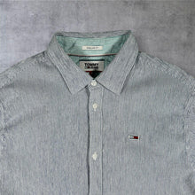 Load image into Gallery viewer, Tommy Jeans Hilfiger Mens Shirt S Blue White Pinstripe Regular Fit Flag Logo Long Sleeve
