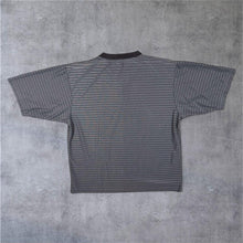 Load image into Gallery viewer, Early 00's Nike Soccer Football Embroidered Mini Centre Logo Grey Striped Sports T-Shirt
