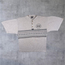 Load image into Gallery viewer, Vintage 90's New York Exclusive Designs Patterned Henley Button Grey T-Shirt
