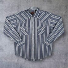 Load image into Gallery viewer, Vintage Plains Western Cowboy Blue Grey Multi Striped Long Sleeve Popper Shirt
