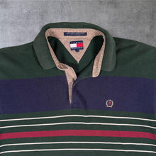 Load image into Gallery viewer, Vintage Tommy Hilfiger Polo Shirt L Green Navy Striped Crest Logo 90s Preppy
