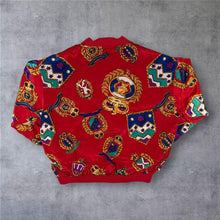Load image into Gallery viewer, Vintage 90s Red Satin Style Bomber Jacket Baroque Heraldic Crest Print M L
