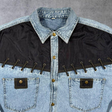 Load image into Gallery viewer, Vintage Cowboy Western Lace Panel Light Blue Denim Long Sleeve Popper Shirt
