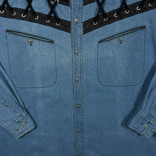 Load image into Gallery viewer, Vintage Jacques Lorant Cowboy Western Black Lace Panel Blue Denim Long Sleeve Shirt
