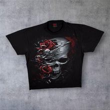 Load image into Gallery viewer, Early 00's Spiral Goth Fantasy Skull Rose Graphic Black T-Shirt

