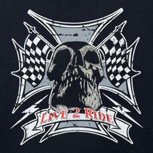 Load image into Gallery viewer, Live 2 Ride Gothic Biker Racing Flag Skull Spellout Graphic T-Shirt

