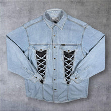 Load image into Gallery viewer, Vintage Arizona Cowboy Western Lace Panel Blue Denim Long Sleeve Popper Shirt
