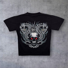Load image into Gallery viewer, Early 00's Wild Gothic Y2K Tribal Dragon Skull Graphic Black Cotton T-Shirt
