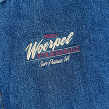 Load image into Gallery viewer, Vintage 90s Tri-Mountain Denim Varsity Jacket L Wisconsin Trucking Workwear USA
