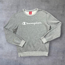 Load image into Gallery viewer, Champion Sweatshirt Small Grey Marl White Script Spellout Logo Crew Neck
