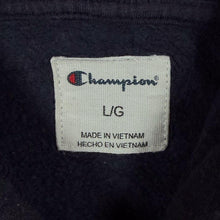 Load image into Gallery viewer, Champion Classic Logo Spellout Graphic Faded Navy Blue Hoodie
