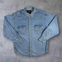 Load image into Gallery viewer, Wrangler Authentic Western Denim Shirt Mens L Light Blue Pearl Snap Cowboy
