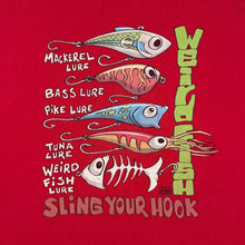 Load image into Gallery viewer, Weird Fish "Sling Your Hook" Cartoon Parody Graphic Red Cotton T-Shirt
