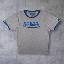 Load image into Gallery viewer, Von Dutch Classic Logo Spellout Graphic Y2K Biker Grey Blue Ringer T-Shirt
