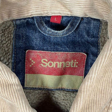 Load image into Gallery viewer, Early 00's Sonneti Fleece Lined Corduroy Collar Blue Denim Y2K Popper Bomber Jacket
