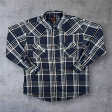 Load image into Gallery viewer, Vintage Plains "Tall Man" Western Cowboy Navy Blue Multi Check Long Sleeve Popper Shirt
