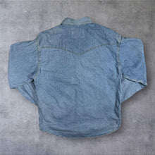 Load image into Gallery viewer, Wrangler Authentic Western Denim Shirt Mens L Light Blue Pearl Snap Cowboy
