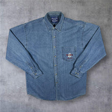 Load image into Gallery viewer, Vintage Hard Rock Cafe New York Denim Shirt Blue Embroidered Guitar 90s XL
