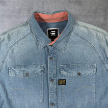 Load image into Gallery viewer, G-Star Raw Faded Blue Denim Spellout Graphic Streetwear Long Sleeve Shirt
