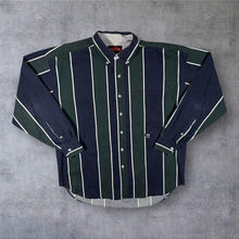 Load image into Gallery viewer, Vintage Ziza Navy Green White Striped Cotton Long Sleeve Button-Down Shirt
