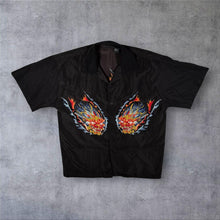 Load image into Gallery viewer, Early 00's Goth Y2K Flaming Dragon Black Silk Polyester Short Sleeve Shirt
