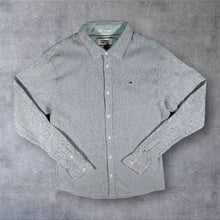 Load image into Gallery viewer, Tommy Jeans Hilfiger Mens Shirt S Blue White Pinstripe Regular Fit Flag Logo Long Sleeve
